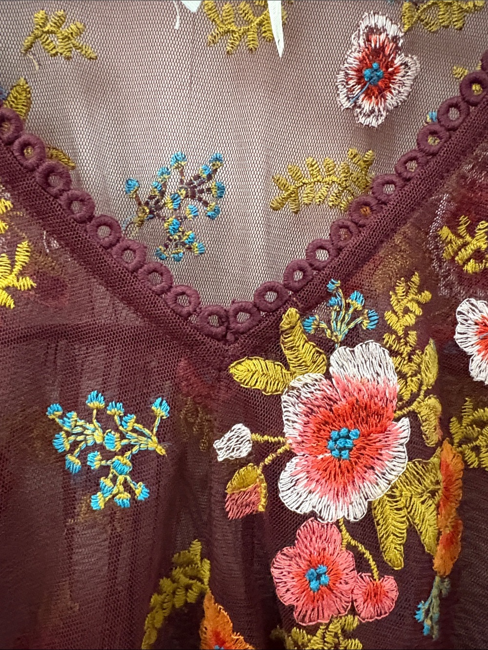 Feather and bone -Anthropologie -Sheer Floral Embroidered V-Neck Top in Burgundy - Picture 4 of 5